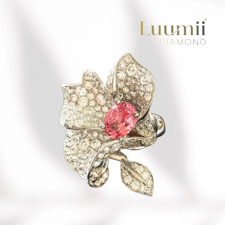 LUUMII 培育蓝宝石20「莲花WOADWRACK」培育帕帕拉恰时尚S925银戒指