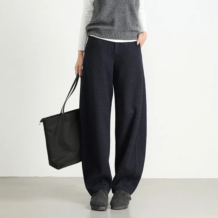 高级羊毛毛呢弯刀裤阔腿裤女2025秋冬款休闲裤小个子加厚加绒裤子