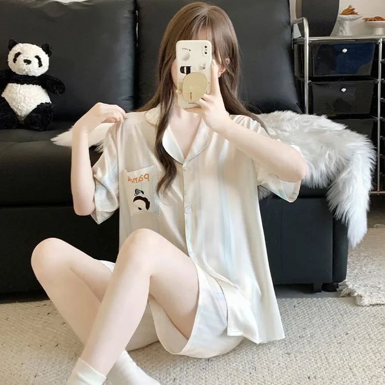 GPSUNLU卡通条纹睡衣女款夏季2025新款冰丝短袖家居服薄款浅色