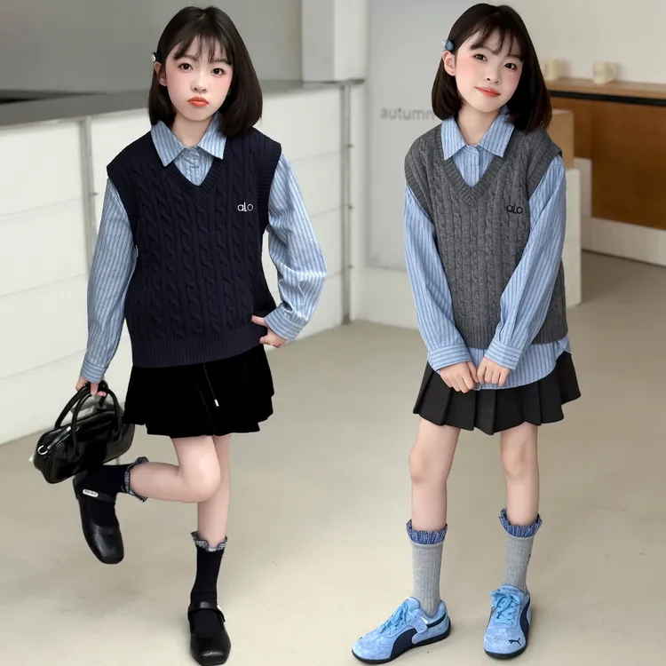 女童学院风马甲衬衫两件套2025秋季新款童装儿童针织背心条纹衬衣