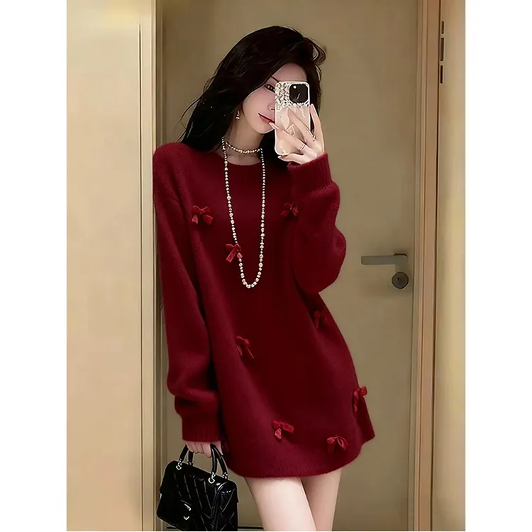 新年战袍本命面显瘦红色针织上衣裙女小个子宽松蝴蝶结毛衣裙时尚