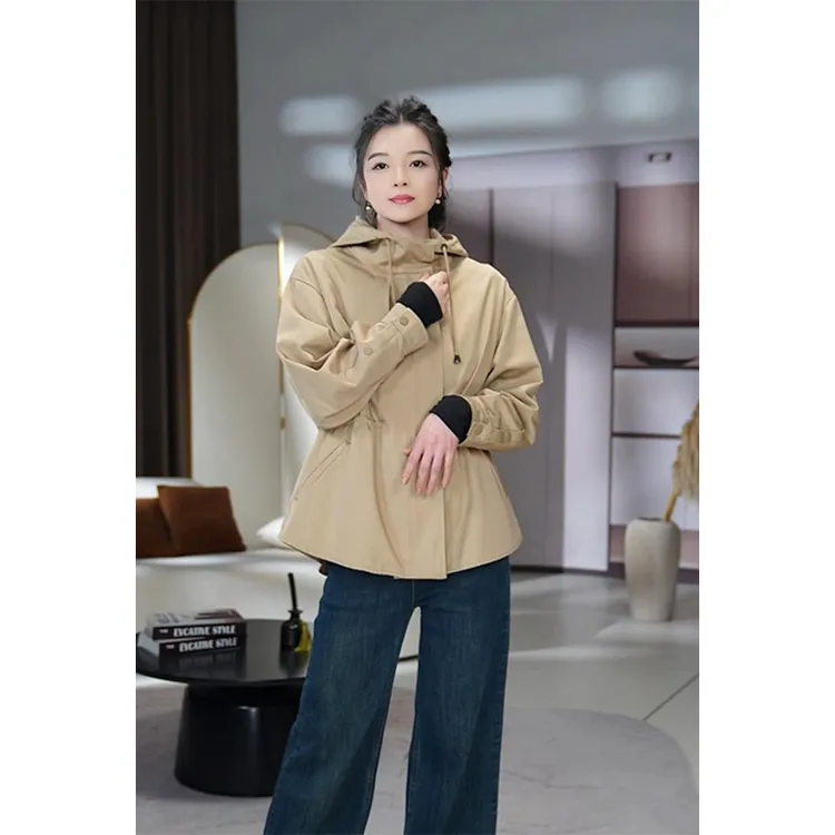 2025新款春秋抽绳收腰休闲宽松风衣薄款显瘦百搭连帽外套女