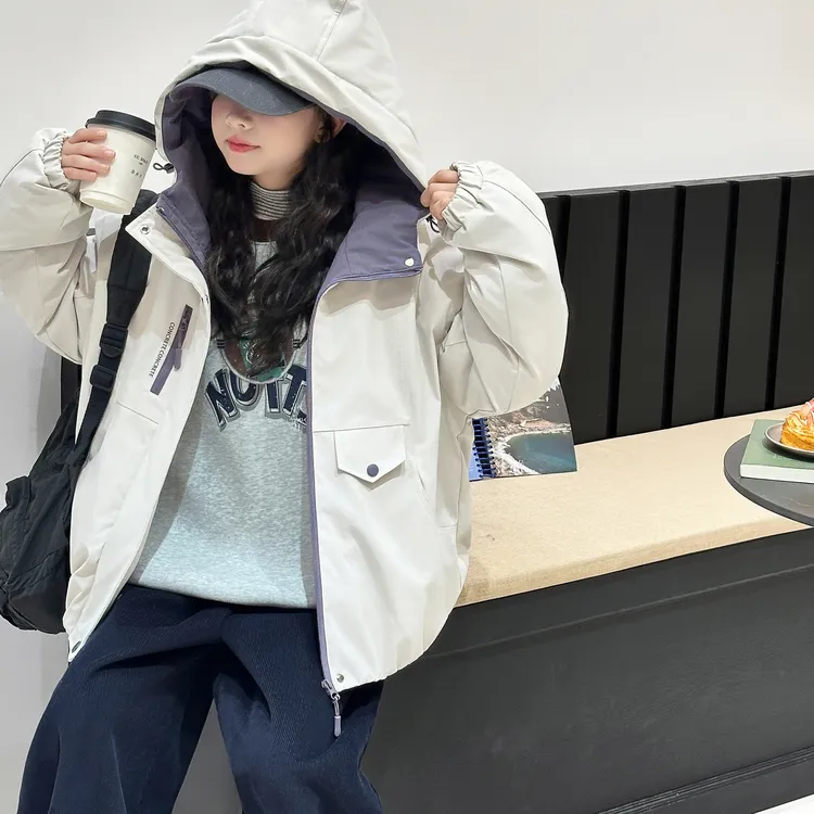 【涵妈推荐】女大童秋冬款初中生大码夹棉加绒休闲拼色连帽拉链外套