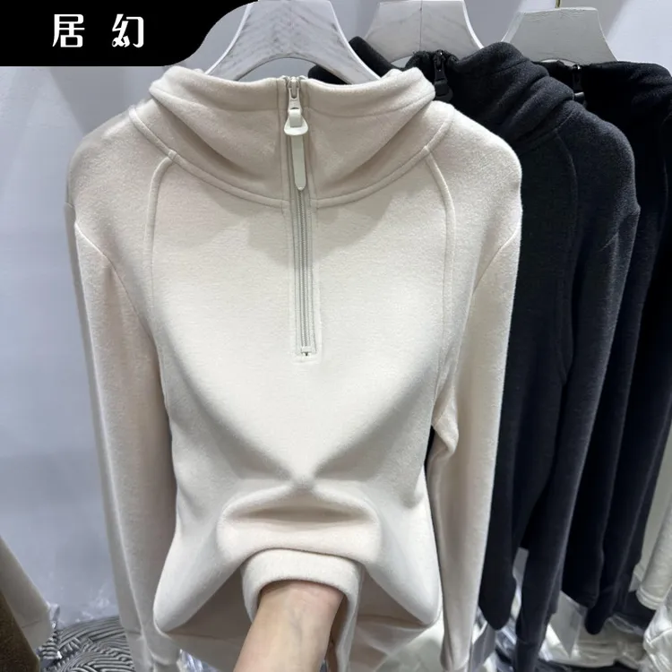 居幻2025新款纯色半拉链德绒连帽卫衣女秋冬设计感打底衫上衣帽衫