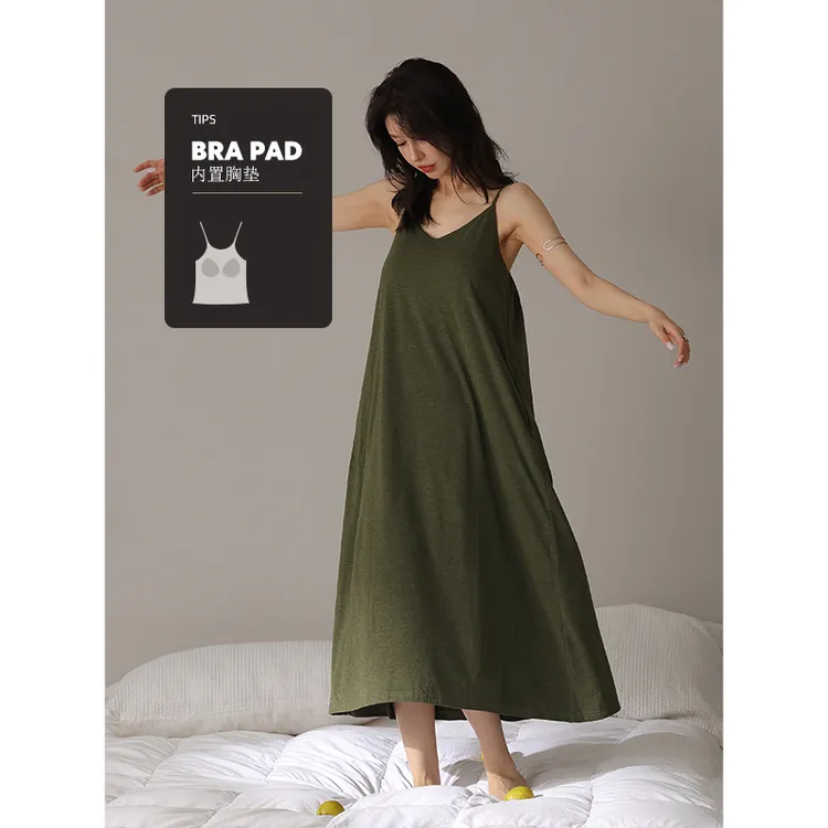 【凉感】莫代尔睡裙女夏季带胸垫薄款吊带睡衣性感纯色长款家居服