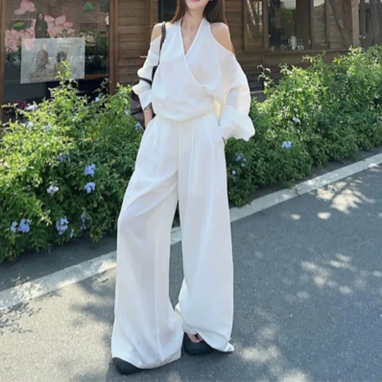韩系V领挂脖露肩长袖衬衫阔腿裤胖mm2025夏季款显瘦宽松大码女装