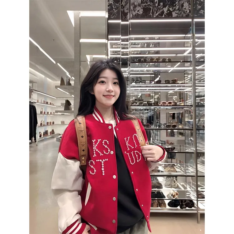 KSKM卡盛红色棒球服外套女2025早春新款美式复古高级感情侣款夹克