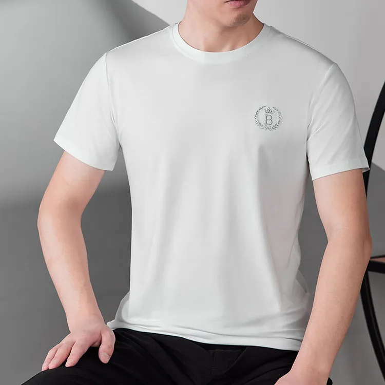 新款夏季莫代尔冰丝t恤男短袖男士长袖刺绣圆领衣服休闲打底衫T