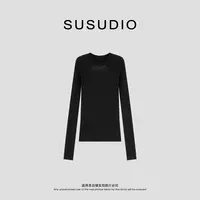  SUSUDIO 秋季设计感镂空坑条黑色显瘦露背针织衫（带垫肩）50215