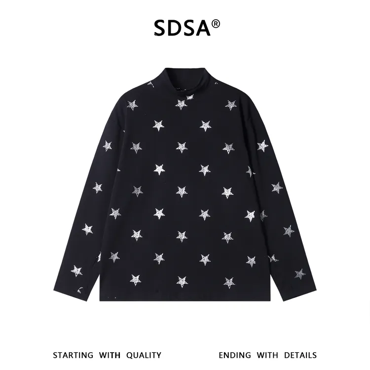 SDSA男士秋冬新款痞帅男装潮牌撞色满印星星印花立领长袖T恤百搭