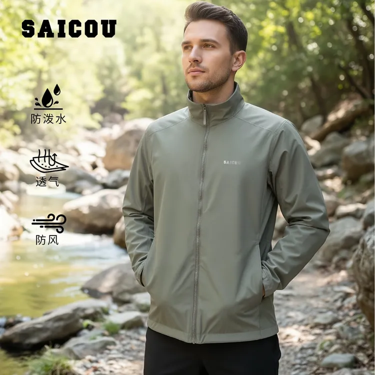 Saicou/赛固轻量防泼水立领风壳夹克防风保暖薄款户外休闲外套男