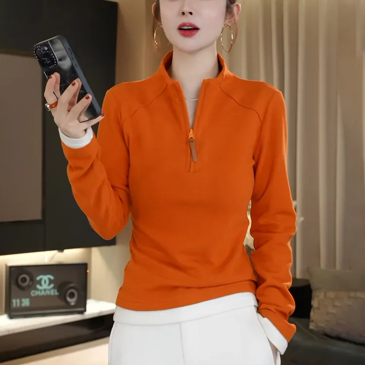 橘色立领打底衫女2025秋冬高级感修身显瘦洋气内搭半拉链德绒上衣