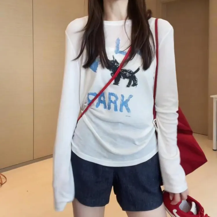 韩版个性涂鸦长袖宽松防晒衫T恤女夏季2026新款薄款猫咪印花上衣
