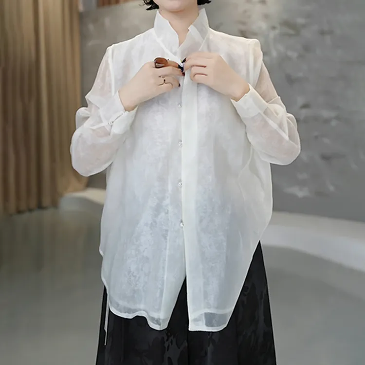 设计感拼接圆领长袖衬衫女2026早春季新款百搭宽松显瘦休闲上衣潮