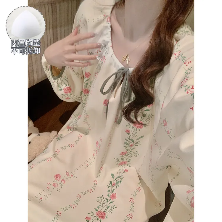 春秋长袖睡裙带胸垫睡衣女款爆款2025新款甜美碎花长裙宽松家居服