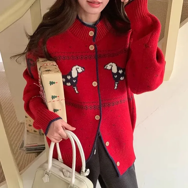 圣诞新年氛围设计感软糯腊肠狗慵懒风针织开衫女秋冬毛衣外套女