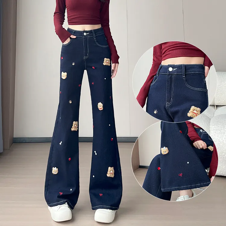 美式小熊贴布刺绣牛仔裤女初秋百搭设计感不贴腿微喇裤显瘦显腿长