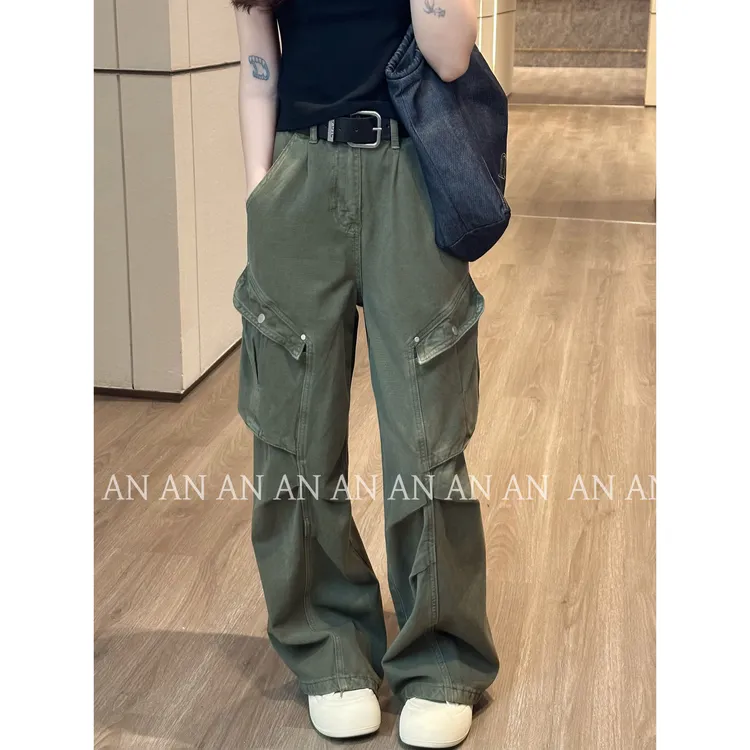 C07290早秋新款美式潮流宽松大口袋工装绿色阔腿牛仔裤