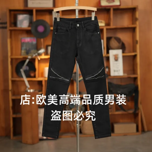 原创高端拼接机车风男士牛仔裤黑色修身弹力休闲潮牌个性时尚欧货