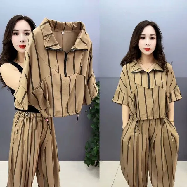 2025夏季新款时尚大码宽松显瘦短袖拉链印花上衣哈伦裤两件套装女