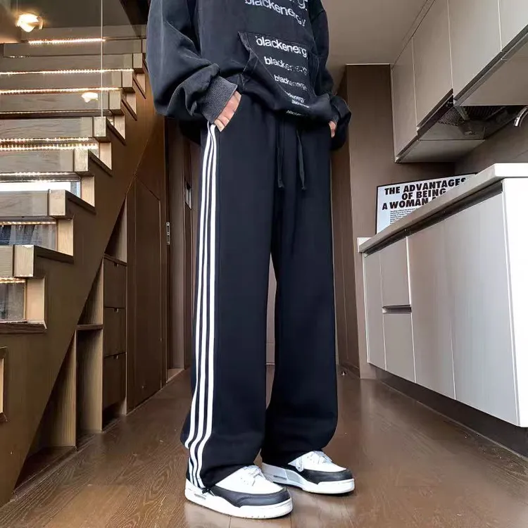 100%棉三条杠男女同款秋冬季保暖百搭舒适宽松运动休闲裤