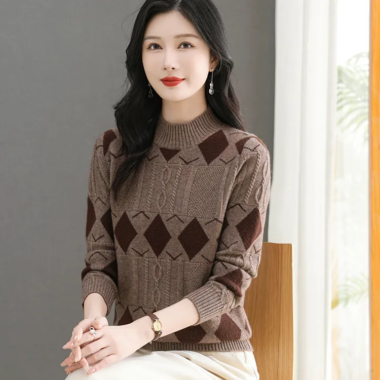 正品高档冬款加厚撞色提花半高领长袖套头宽松美拉德风妈妈衫