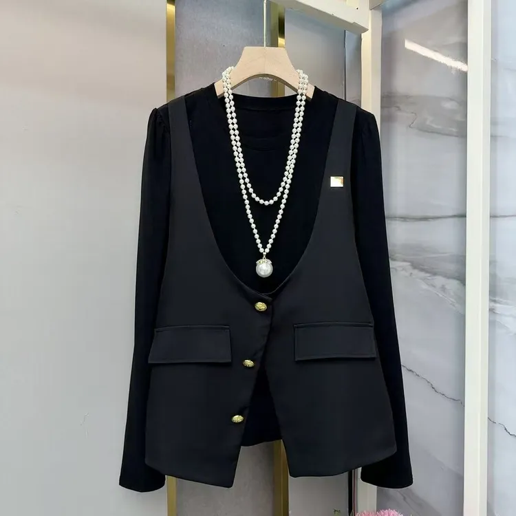 大码女装秋季新款2025时尚T恤圆领拼接长袖假两件显瘦马甲上衣潮