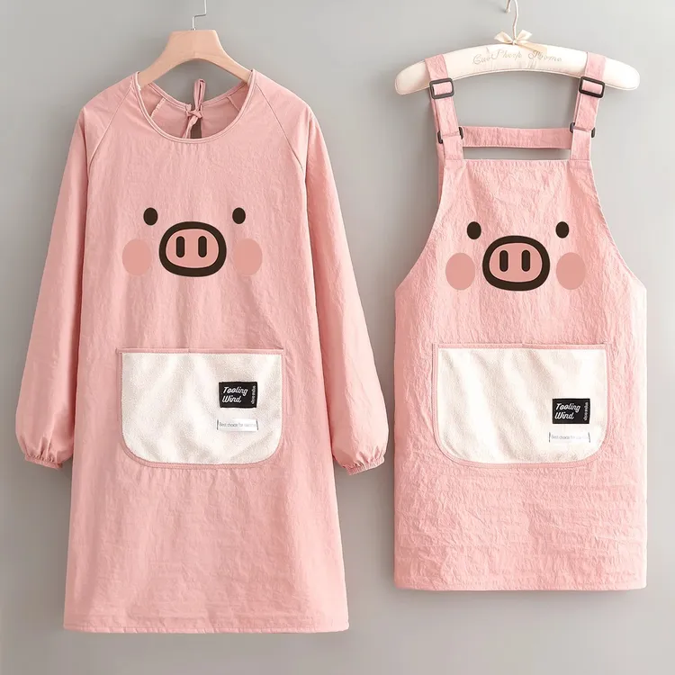 时尚家用做饭女罩衣可爱卡通长袖情侣围裙防泼水速干耐磨印字定制