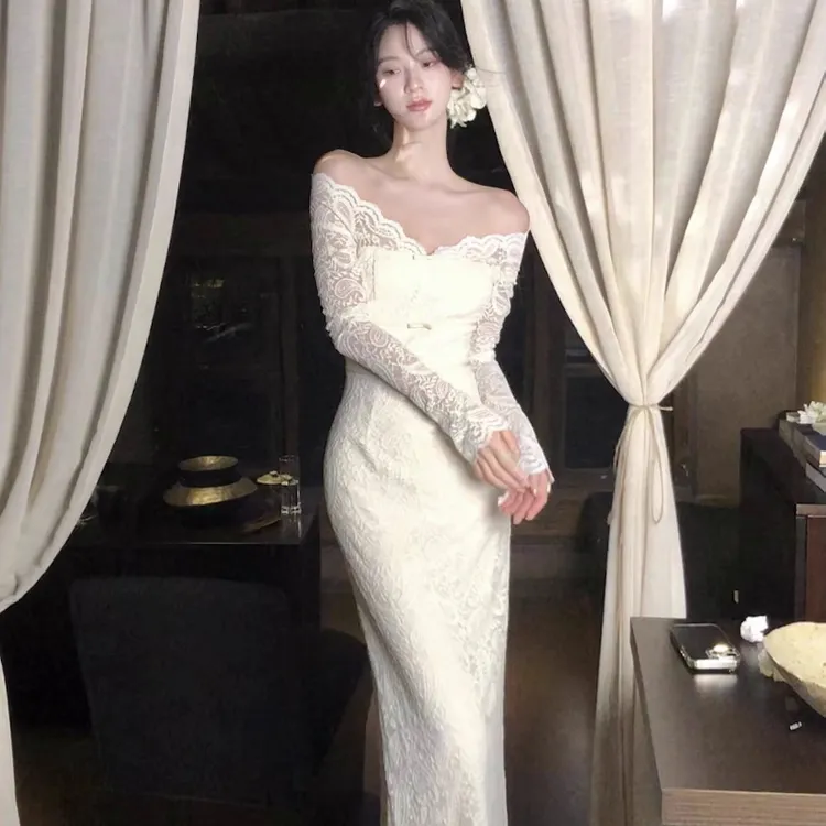 从一时刻【媚娘】优美一字肩V领长袖连衣裙蕾丝蝴蝶结气质开叉裙