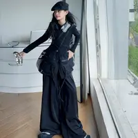 【Maila童装】女童黑色酷帅工装套装春秋斜拉链上衣阔腿裤两件套潮