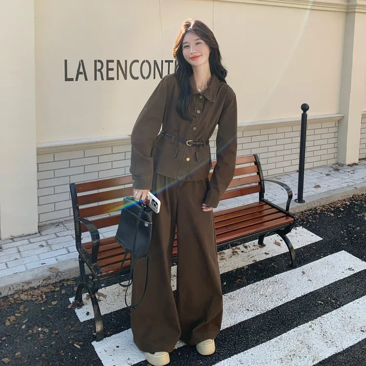 韩系松弛感慵懒风套装女2025年秋季气质简约衬衫外套阔腿裤两件套