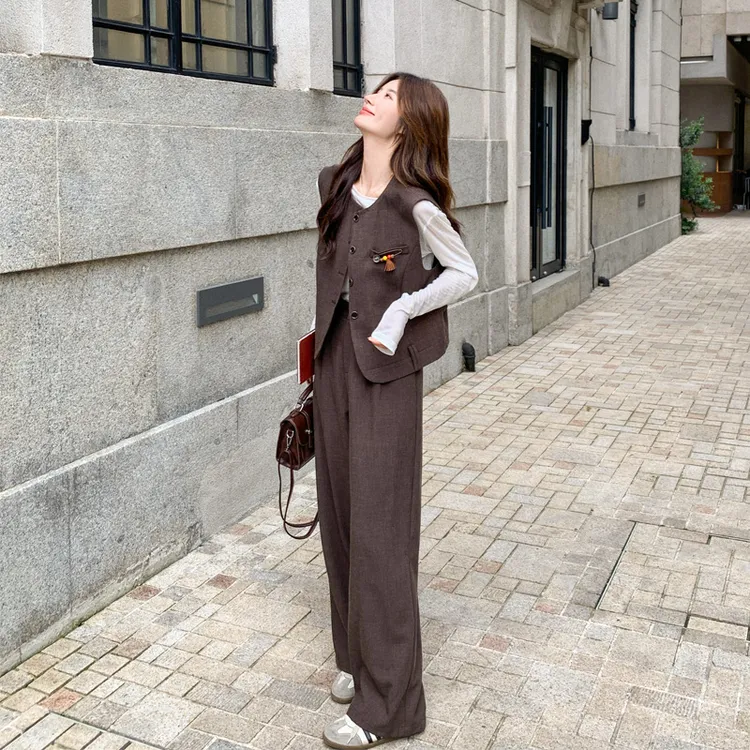 复古美拉德马甲阔腿裤2025春秋新款松弛感优雅气质轻熟风显瘦套装
