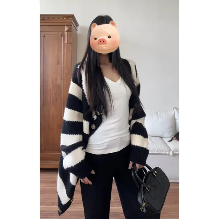 韩系早秋氛围感穿搭撞色条纹中长款毛衣开衫女宽松慵懒风针织外套