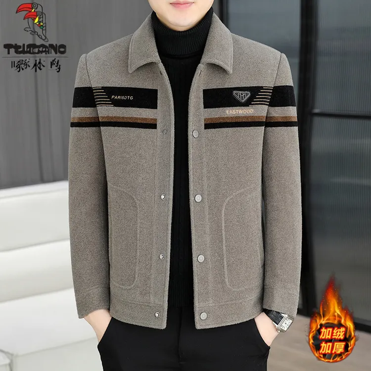 啄木鸟秋冬季加绒加厚男士毛呢大衣休闲翻领百搭呢子外套新款夹克