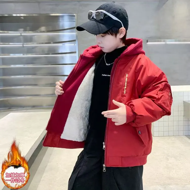 （加棉加厚）连帽假两件棉服男童加绒冬季中大童派克服潮流洋气韩版