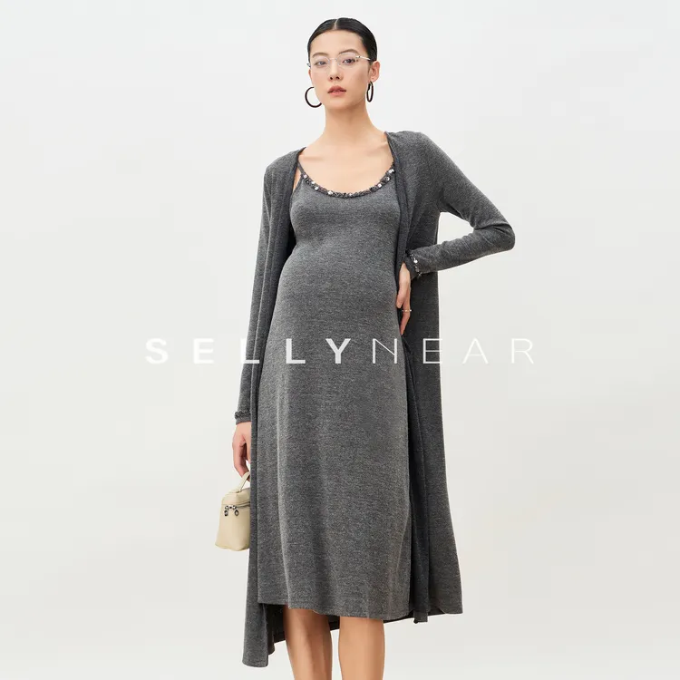SELLYNEAR孕妇高级感穿搭套装秋季新款时尚重工开衫吊带裙两件套