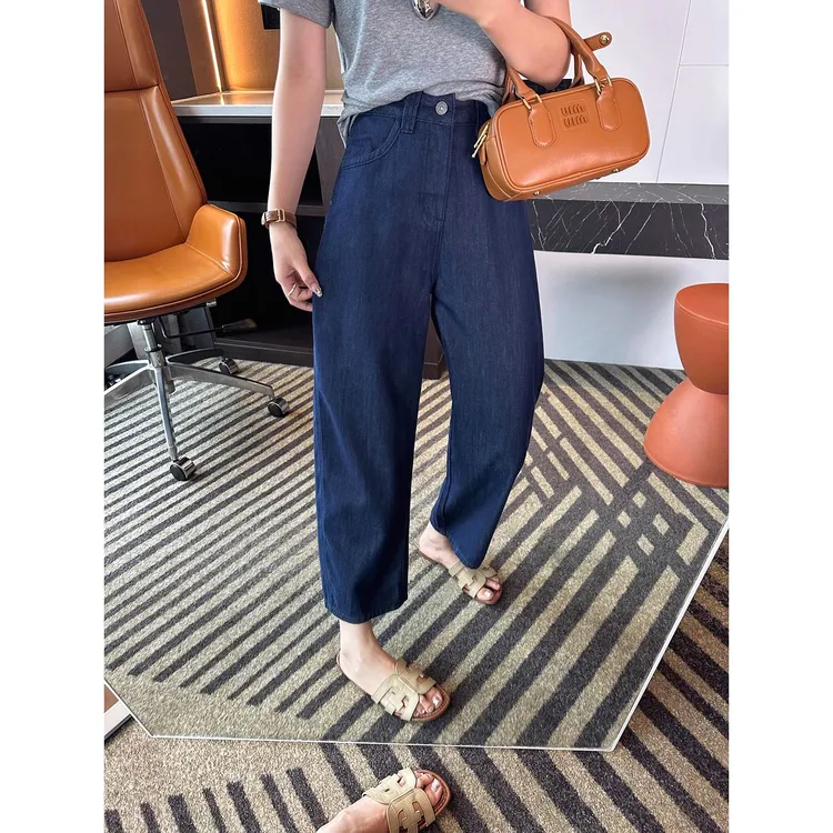 小个子凉感天丝牛仔裤女夏季新款梨形身材高腰遮胯显瘦阔腿奶奶裤