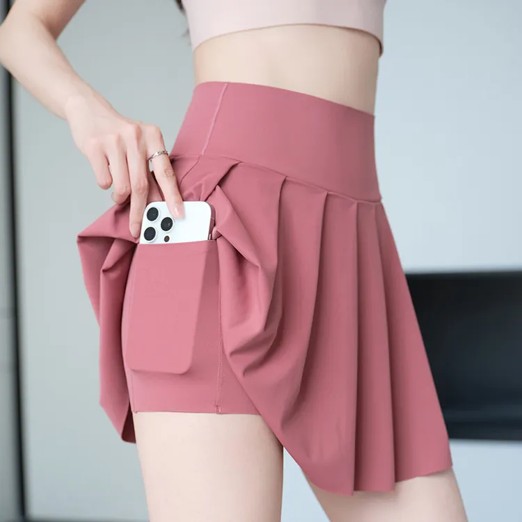 夏季薄款口袋瑜伽短裤女外穿高腰运动健身百褶裙网球防走光半身裙