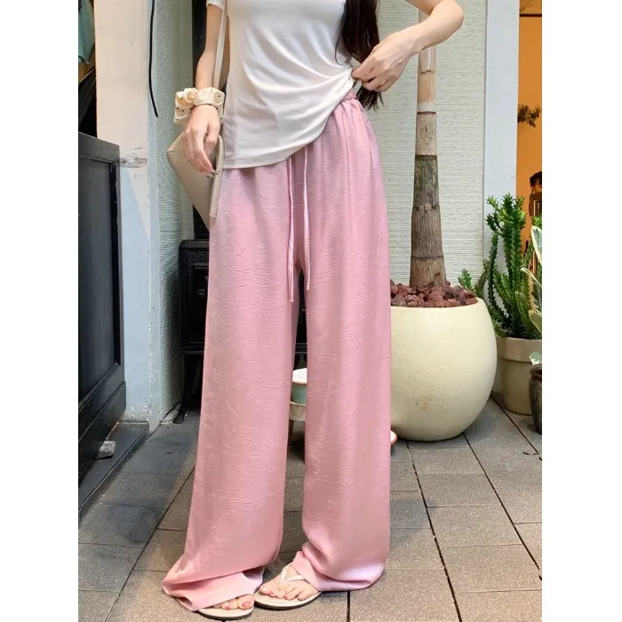 醋酸缎面压花休闲裤女春季垂感宽松阔腿长裤显瘦高腰直筒拖地裤子