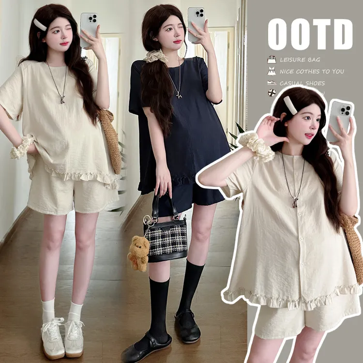 夏季2026新款孕妇装韩系简约老钱风洋气显瘦时尚纯色孕妇套装