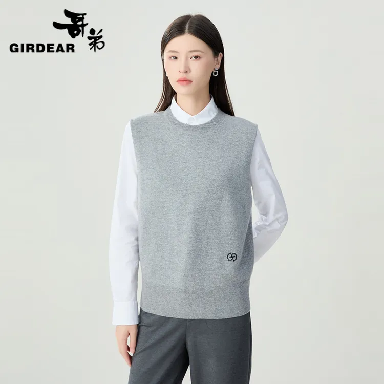 哥弟同心协力系列圆领造型针织背心时尚女港风红色圆领针织背心