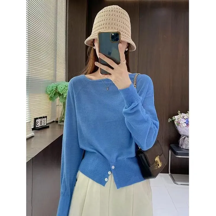 克莱因蓝长袖针织衫毛衣女早秋季新款气质收腰设计感上衣显瘦