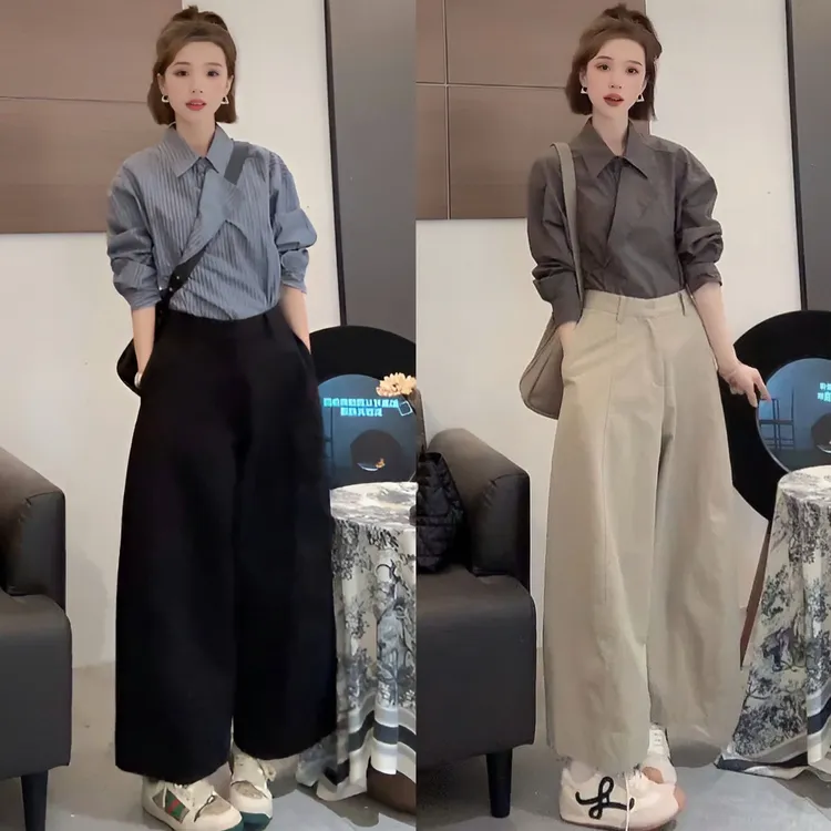 2025春秋季新款女士设计感穿搭一整套时尚polo衬衫休闲阔腿裤套装