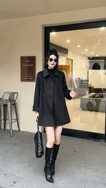 1韩版中长款双面羊毛大衣短款小个子2025新款宽松毛呢外套