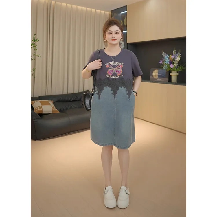 【胖佳佳】现货~翩翩蝴蝶 夏季时尚蕾丝拼接牛仔连衣裙H625Z06267