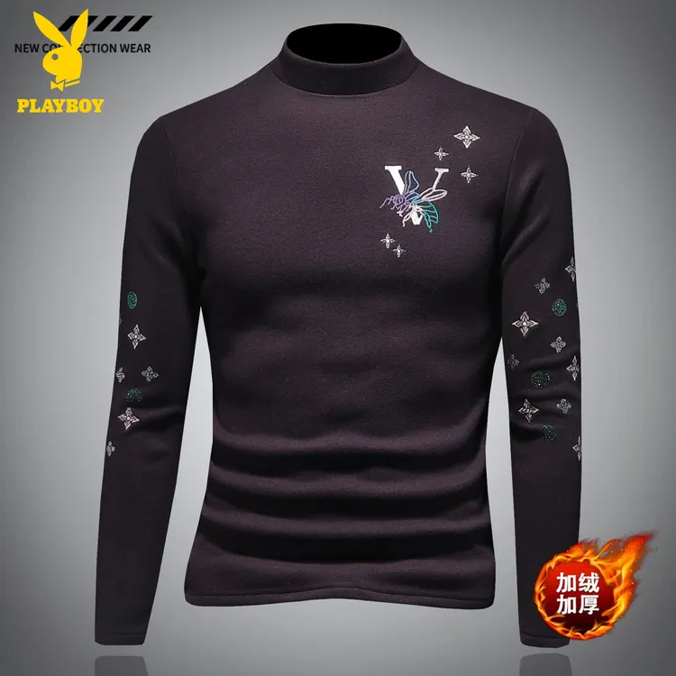 花花公子潮牌小蜜蜂刺绣半高领打底衫男冬季加绒长袖保暖中领上衣