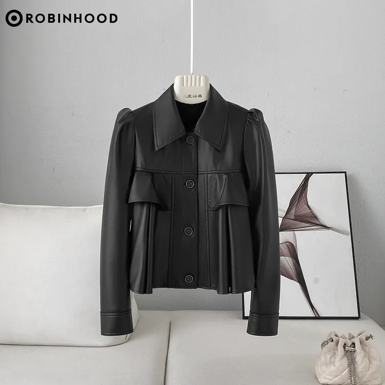 ROBINHOOD/罗宾汉4P2485-1新款法式复古风时尚显瘦真皮绵羊皮外套