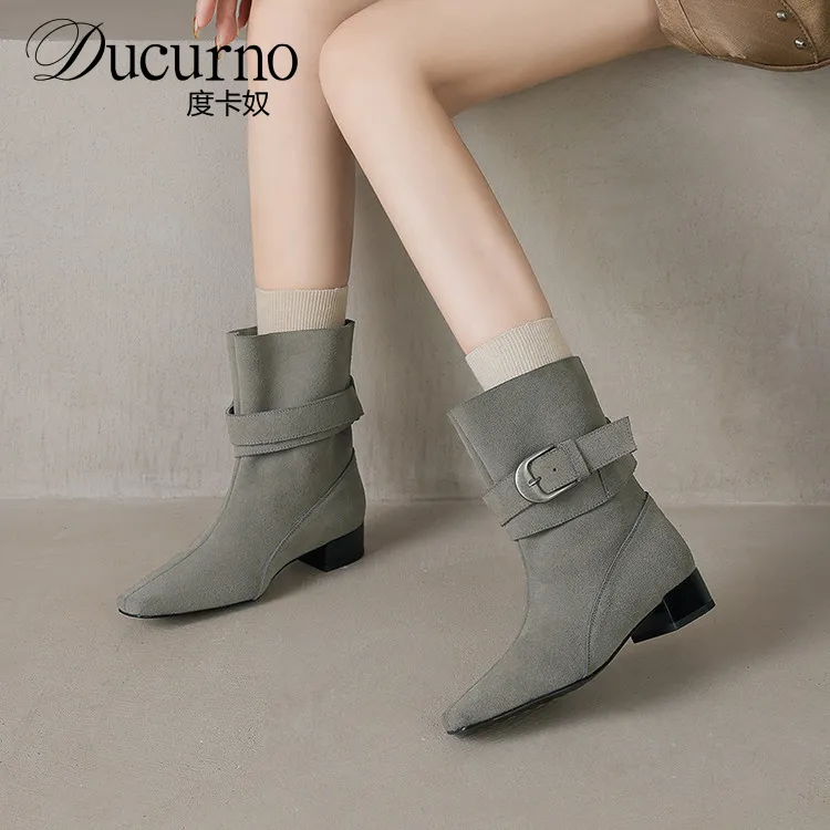 DUCURNO高级感时尚马丁靴女粗跟方头瘦瘦靴网红皮带扣百搭小短靴