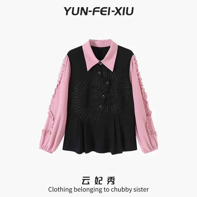 云妃秀大码女装T恤翻领褶边立体装饰时尚宽松显瘦胖妹妹秋季7101