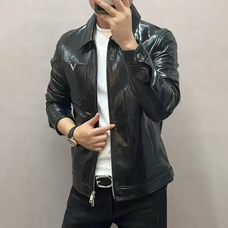 新款高端男士时尚纯色小v标翻领皮衣飞行夹克25011